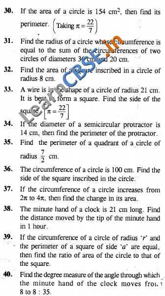  CBSE Maths CCE Summative Assessment Class 10 Areas Related To Circles VSAQ 