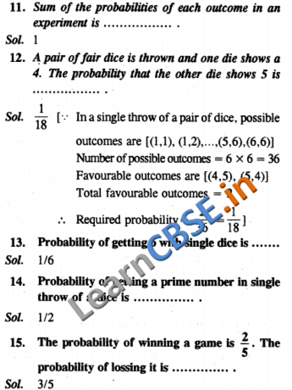  CBSE Class 10 Maths Probability Objective Type Questions 