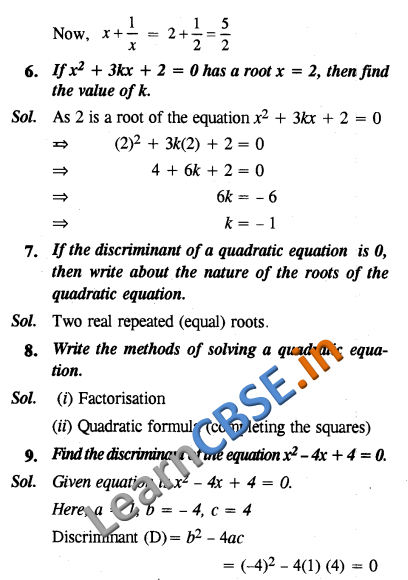  CBSE NCERT Class 10 Maths Quadratic Equations Formative Assessment 