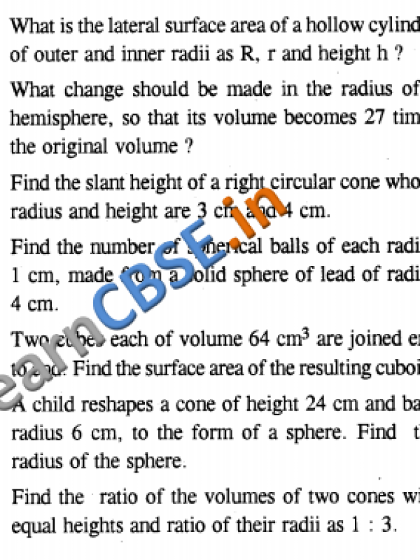  CBSE Class 10 Maths Surface Areas and Volumes Formative Assessment For Practice 