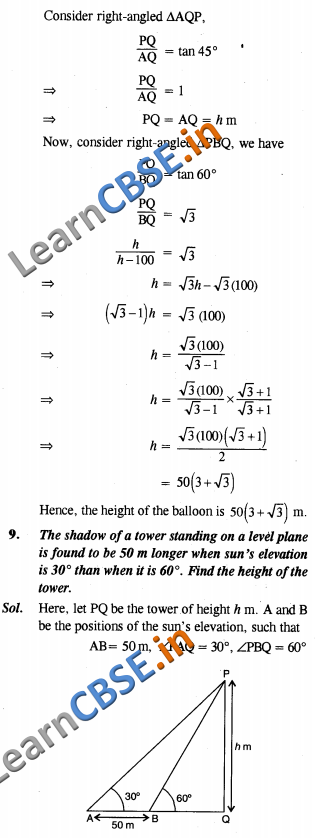  CBSE Exemplar Solutions Class 10 Maths Some Applications Of Trigonometry SAQ 