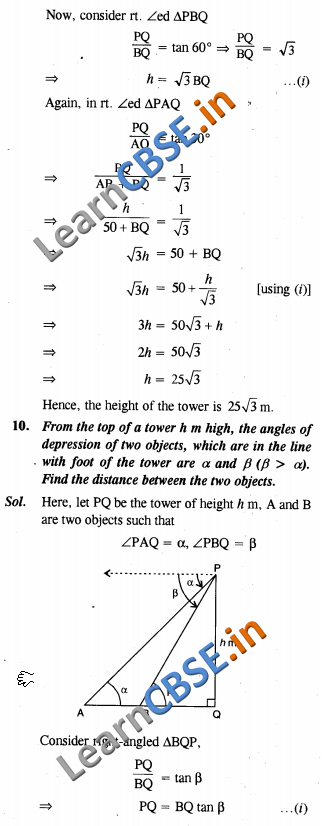  CBSE Class 10 Some Applications In Trigonometry Solutions NCERT Exemplar Solutions SAQ 