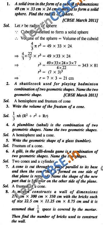  NCERT Exemplar Solutions CBSE Class 10 Maths Surface Areas and Volumes VSAQ 