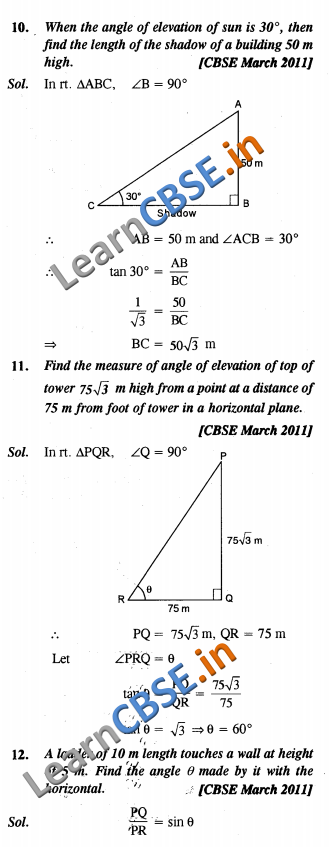  Some Applications Of Trigonometry CBSE NCERT Solutions For Class 10 Maths VSAQ 03 