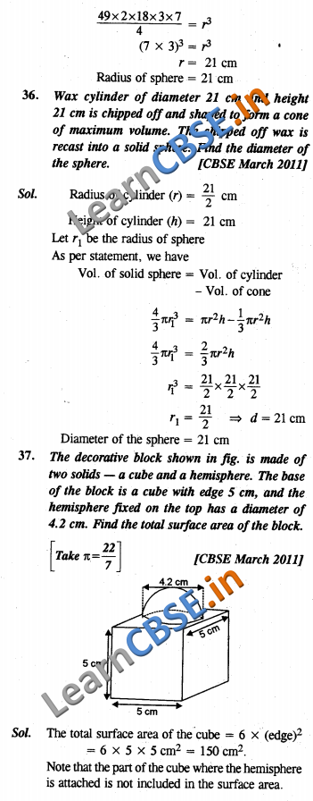  CBSE Class 10 Surface Areas and Volumes Solutions SAQ 2 Marks 